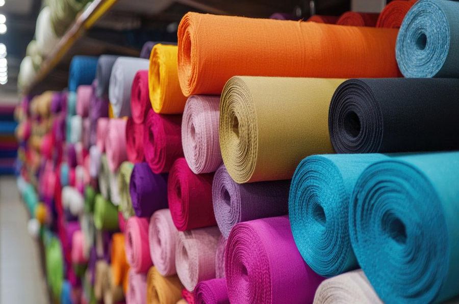 Stacked rolls of coloured fabric on shelves