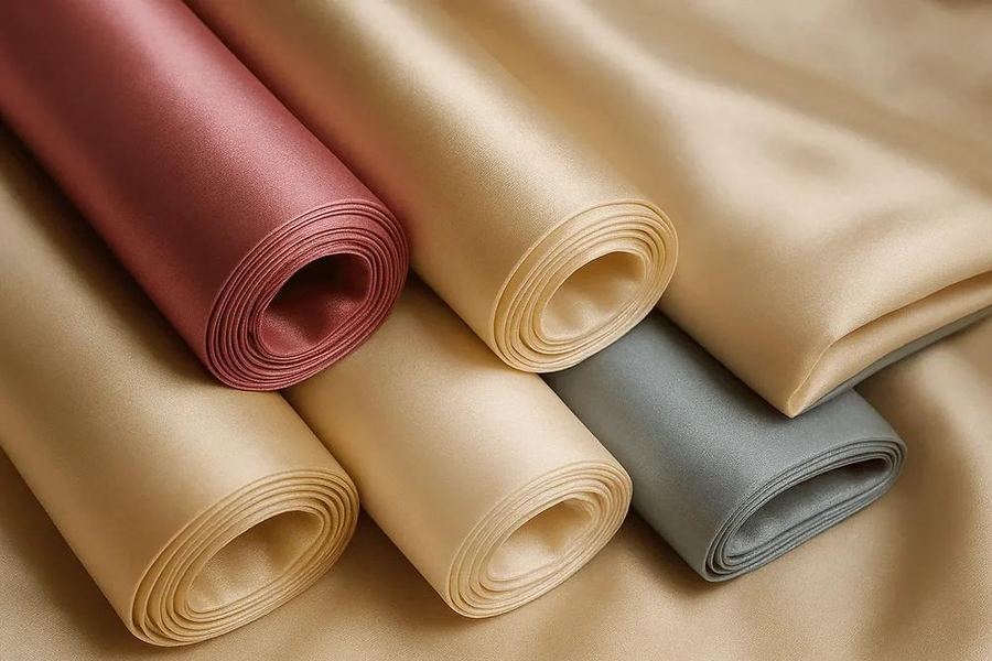 Satin fabric rolls in rose, cream and grey