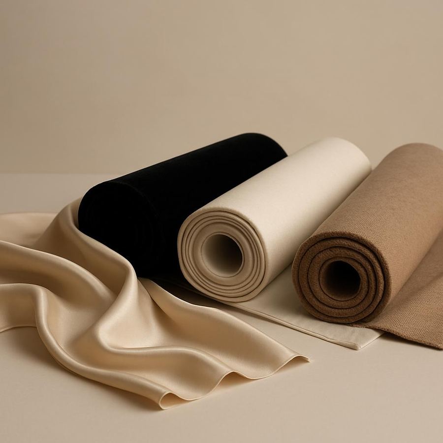 Rolls of black, cream and camel fabric